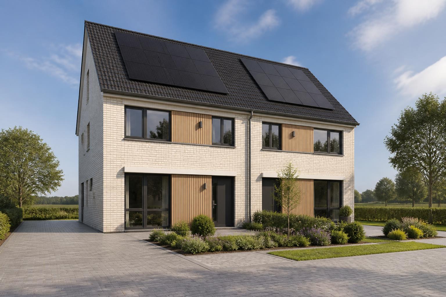 Moderne Nederlandse woning met zonnepanelen op het dak