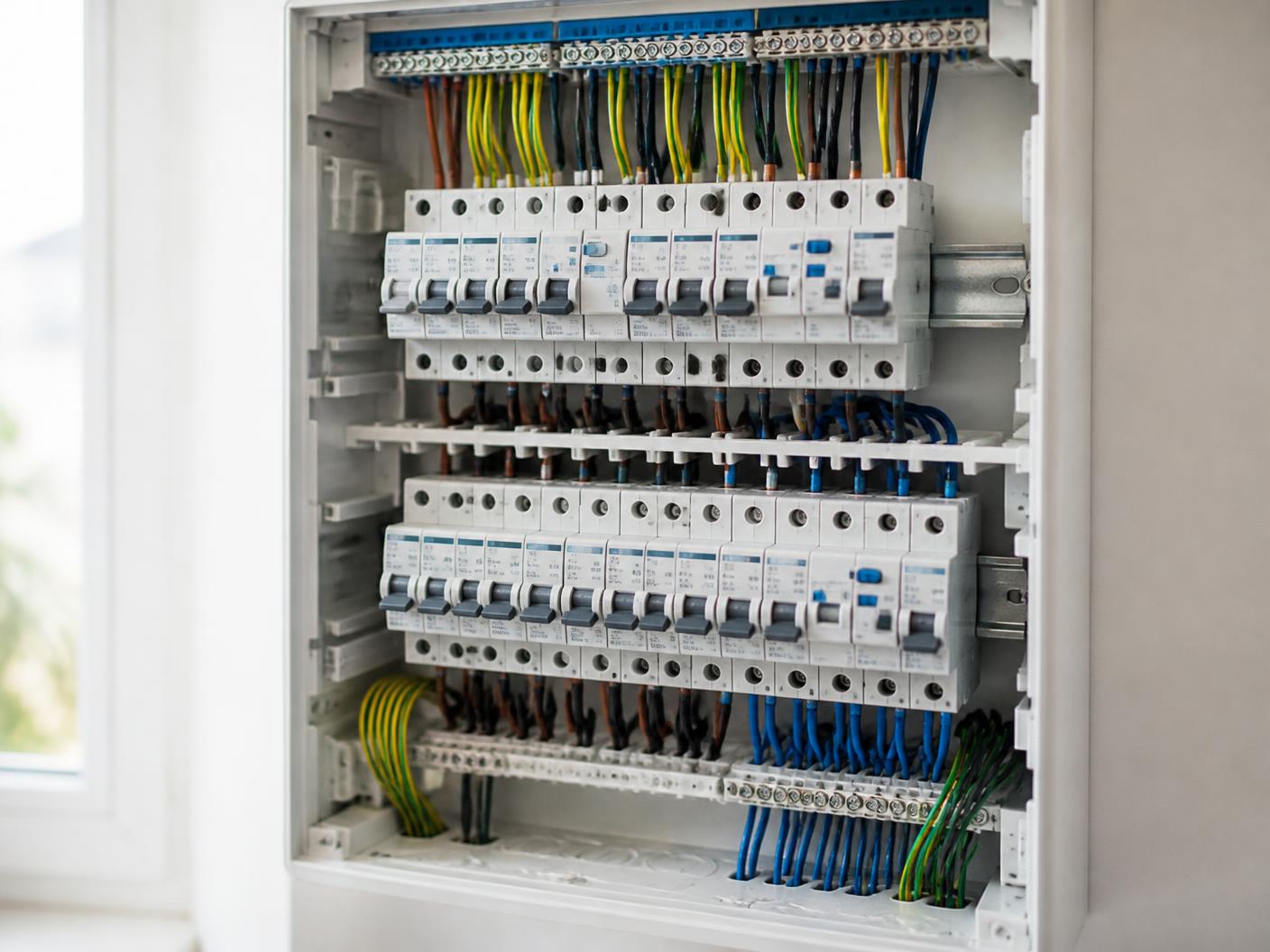 Nieuw geïnstalleerde groepenkast met netjes afgemonteerde bedrading