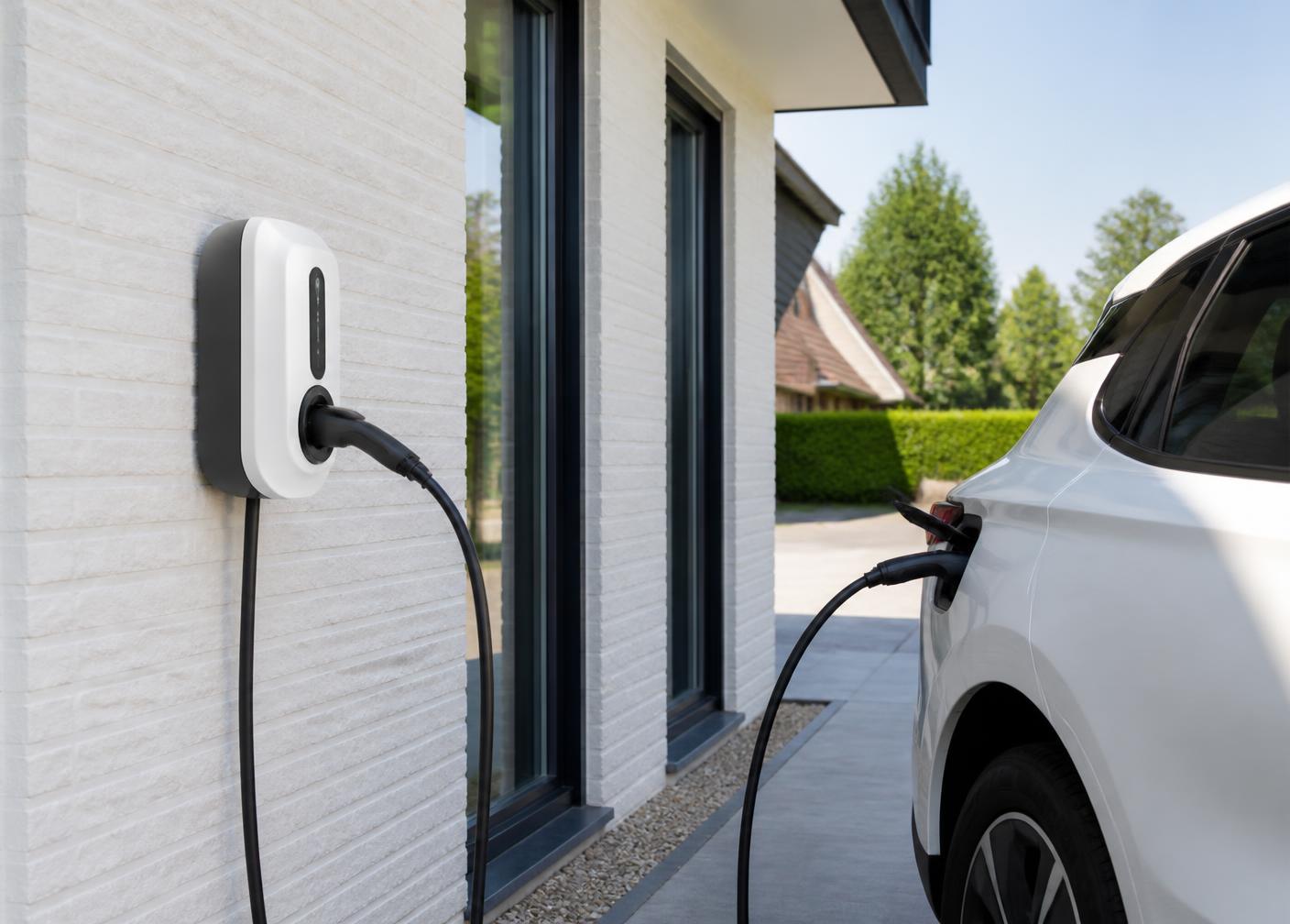 Laadpaal aan de gevel van een woning met aangesloten elektrische auto