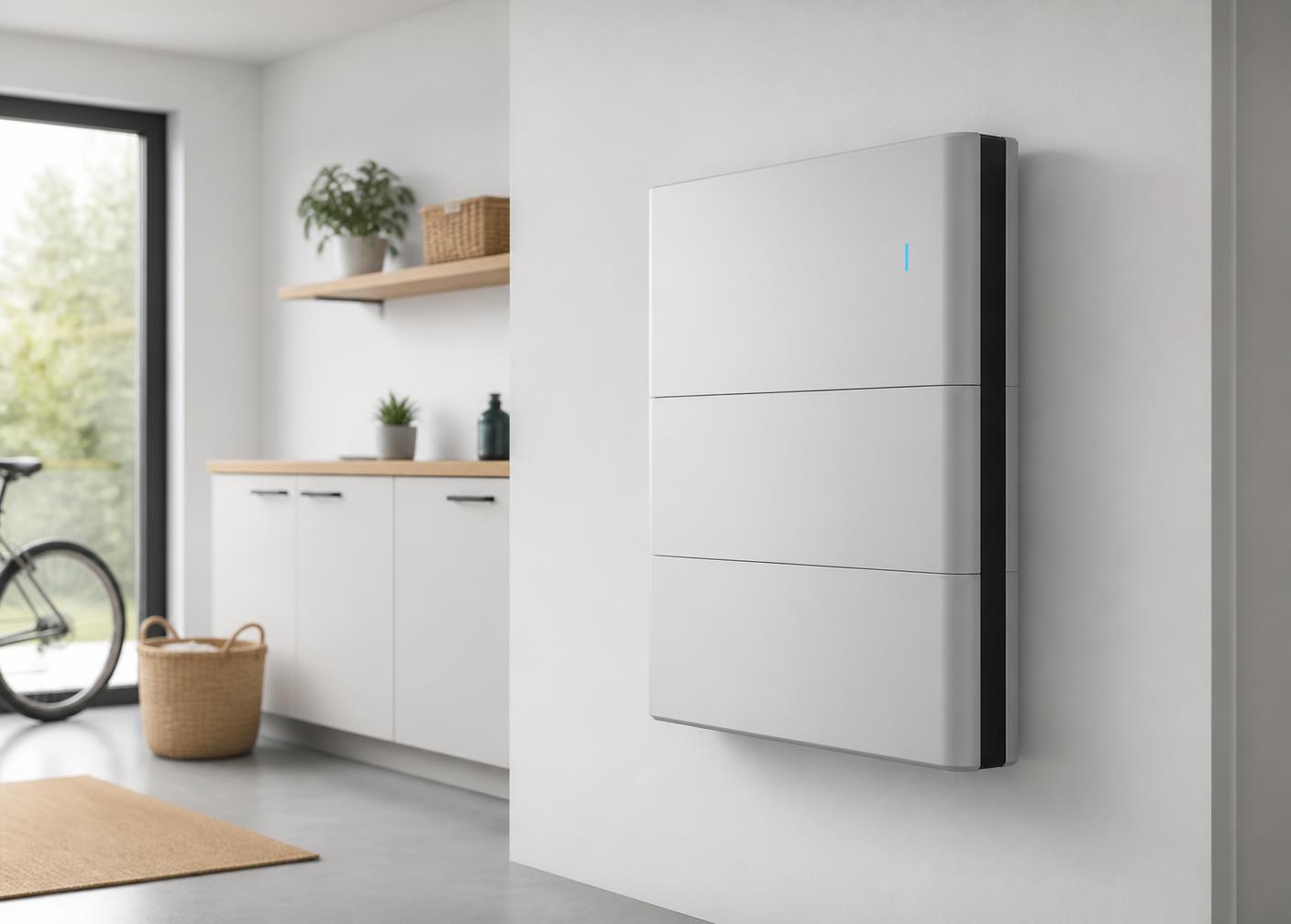 Thuisbatterij gemonteerd aan een witte wand in een technische ruimte
